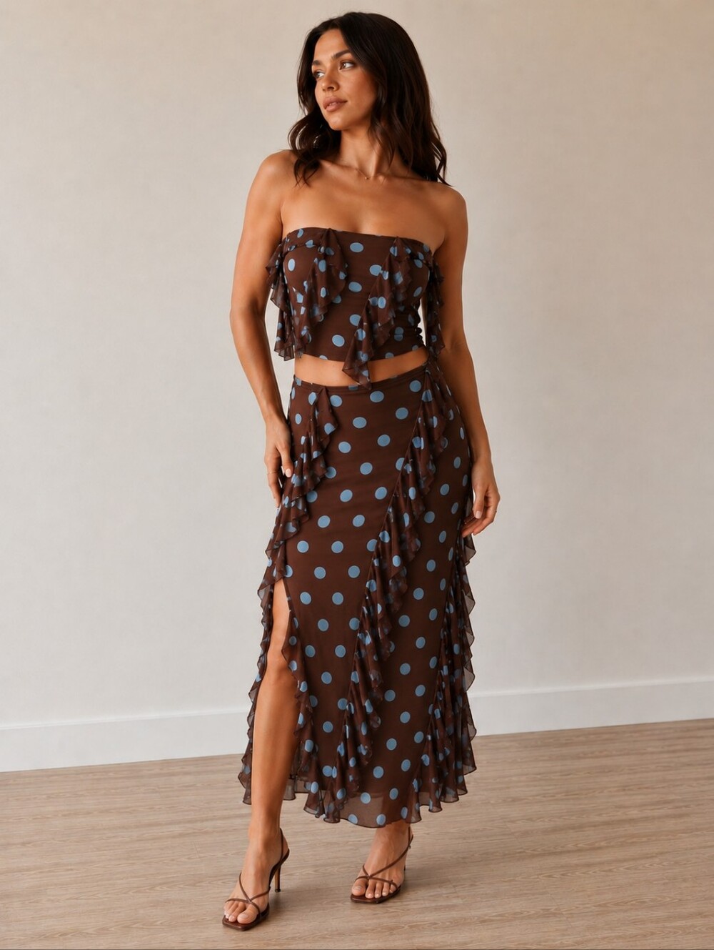 Brown W/ Blue Polka Dot Mesh Ruffled Tube Top & Maxi Skirt Set Sz XS/S Feminine